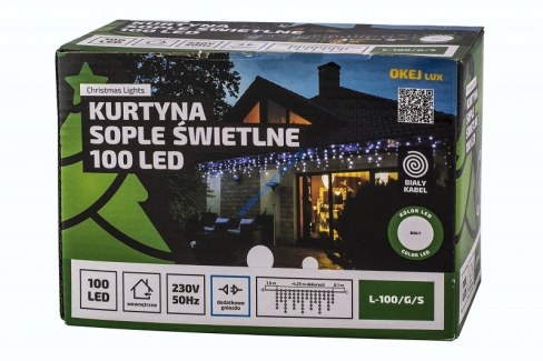 Kurtyna 100 LED z dodatkowym gniazdem, biały kabel, biały zimny, wewnętrzna L-100/G/S/P