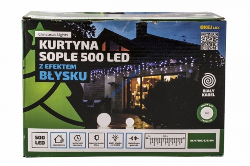 Kurtyna 25m 500 LED z EFEKTEM BŁYSKU, TIMER+GNIAZDO, zewnętrzne, biały zimny+błysk biały zimny, BK/LT500/S/G/5M/P
