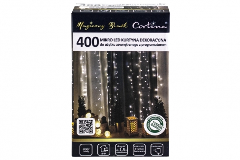 Kurtyna LED 400 pkt. 135x190cm z programatorem, na druciku, zewnętrzna, biały ciepły 77/19/NIK/WW