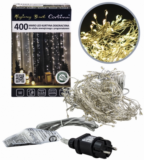 Kurtyna LED 400 pkt. 135x190cm z programatorem, na druciku, zewnętrzna, biały ciepły 77/19/NIK/WW