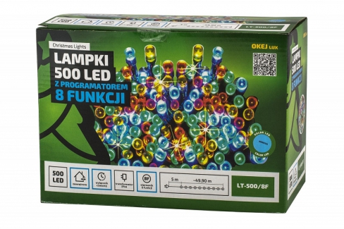 Diody 500 LED - 50 m z programatorem z PAMIĘCIĄ+TIMEREM, niebieskie, zewnętrzne, LT-500/8F/N