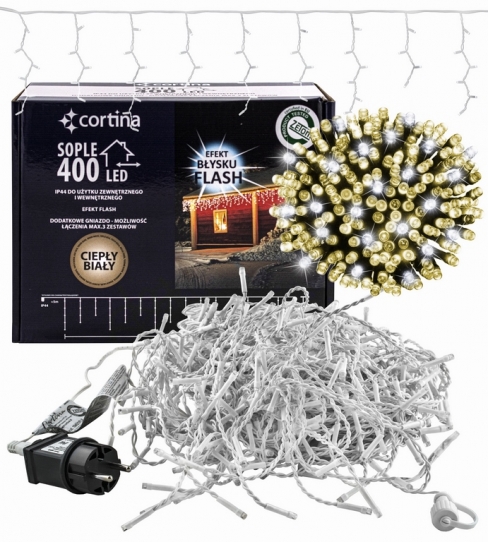 Kurtyna 14,20m 400 LED FLASH, gniazdo, zewnętrzne, biały ciepły+biały zimny 104/21/FLE/WW+CW