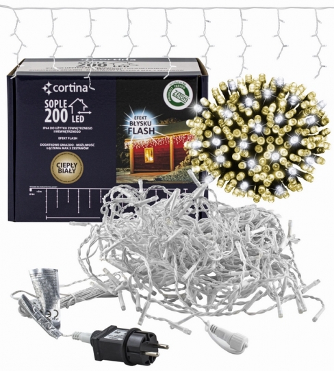 Kurtyna 7m 200 LED FLASH, gniazdo, zewnętrzne, biały ciepły+biały zimny 102/21/FLE/WW+CW
