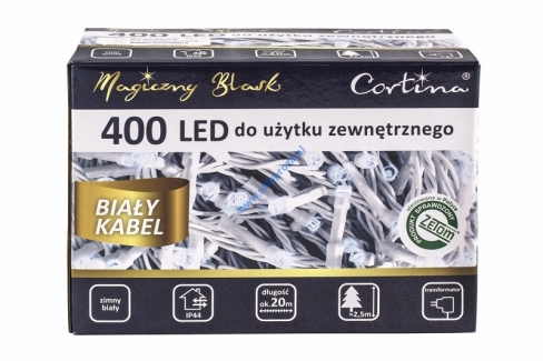 Sznur 20m 400 LED biały kabel, zewnętrzne, biały zimny 7/20/LED/CW