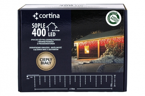 Kurtyna 14,40m 400 LED programator+gniazdo, zewnętrzne, biały ciepły 104/20/LED/WW