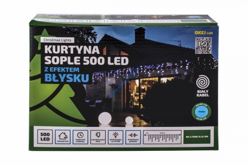 Kurtyna 25m 500 LED z EFEKTEM BŁYSKU, TIMER+GNIAZDO, zewnętrzne, niebieski+błysk biały zimny, BK/LT500/S/G/5M/N