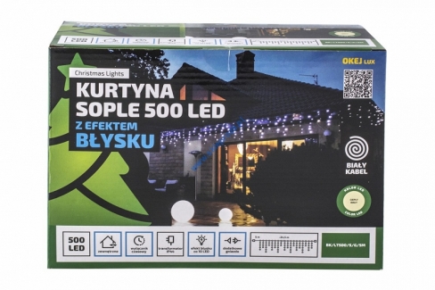 Kurtyna 25m 500 LED z EFEKTEM BŁYSKU, TIMER+GNIAZDO, zewnętrzne, biały ciepły+błysk biały zimny, BK/LT500/S/G/5M/X