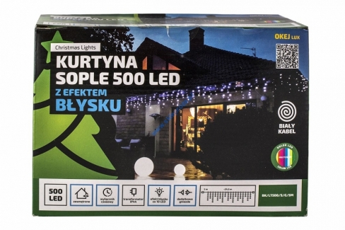 Kurtyna 25m 500 LED z EFEKTEM BŁYSKU, TIMER+GNIAZDO, zewnętrzne, multi+błysk biały zimny, BK/LT500/S/G/5M/M