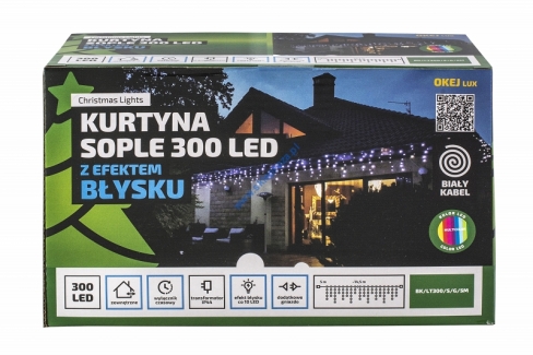 Kurtyna 14,75m 300 LED z EFEKTEM BŁYSKU, TIMER+GNIAZDO, zewnętrzne, multi+błysk biały zimny, BK/LT300/S/G/5M/M