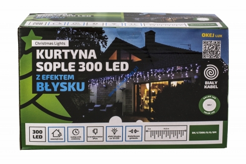 Kurtyna 14,75m 300 LED z EFEKTEM BŁYSKU, TIMER+GNIAZDO, zewnętrzne, biały zimny+błysk biały zimny, BK/LT300/S/G/5M/P