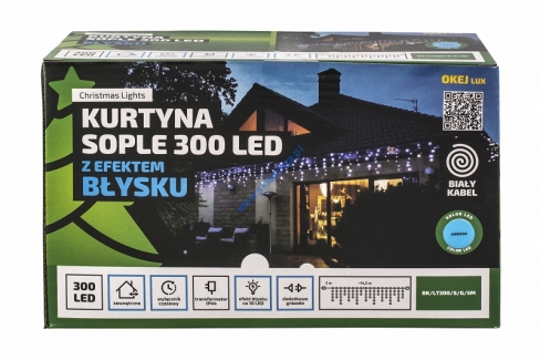Kurtyna 14,75m 300 LED z EFEKTEM BŁYSKU, TIMER+GNIAZDO, zewnętrzne, niebieski+błysk biały zimny, BK/LT300/S/G/5M/N