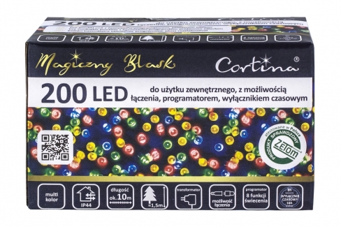 Sznur 10m 200 LED GNIAZDO+PROGRAMATOR+TIMER zewnętrzne, multi 3/15/LED-TIM/M