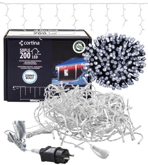 Kurtyna 7m 200 LED programator+gniazdo, zewnętrzne, biały zimny 102/20/LED/CW