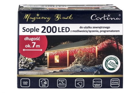 Kurtyna 7m 200 LED programator+gniazdo, zewnętrzne, biały ciepły 102/20/LED/WW