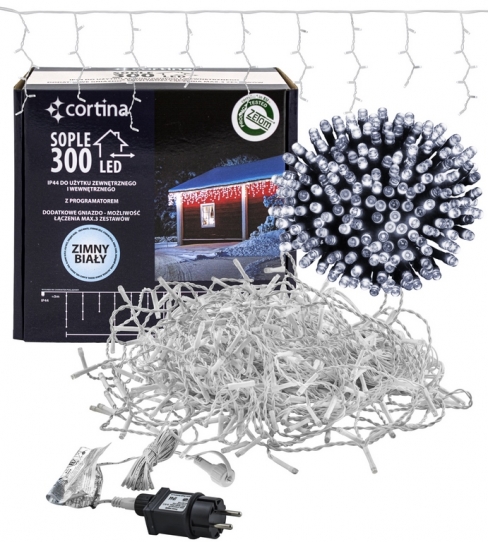 Kurtyna 10,70m 300 LED programator+gniazdo, zewnętrzne, biały zimny 103/20/LED/CW