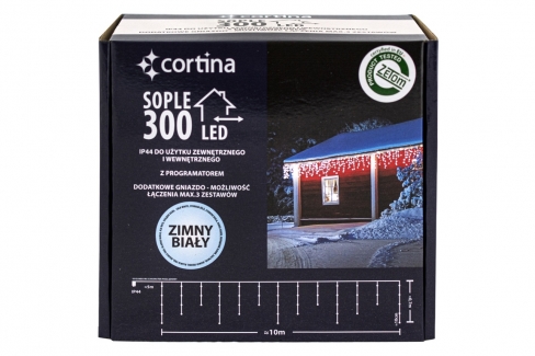 Kurtyna 10,70m 300 LED programator+gniazdo, zewnętrzne, biały zimny 103/20/LED/CW