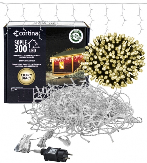 Kurtyna 10,70m 300 LED programator+gniazdo, zewnętrzne, biały ciepły 103/20/LED/WW