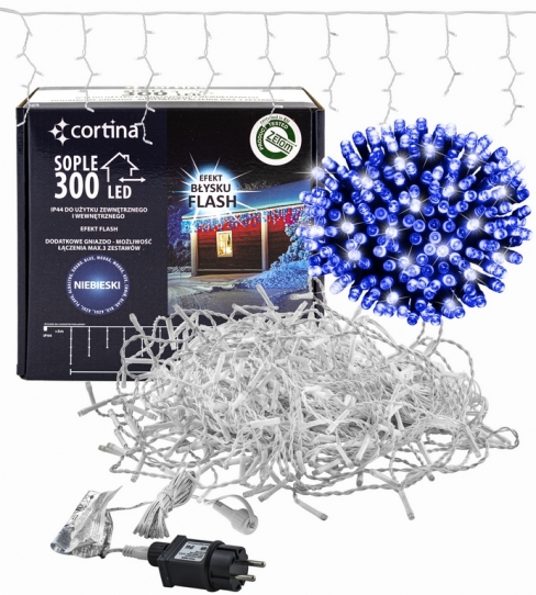 Kurtyna 10,70m 300 LED FLASH, gniazdo, zewnętrzne, niebieski+biały zimny 103/21/FLE/B+CW
