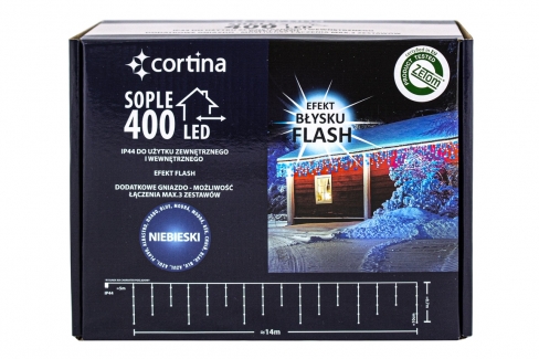 Kurtyna 14,20m 400 LED FLASH, gniazdo, zewnętrzne, niebieski+biały zimny 104/21/FLE/B+CW
