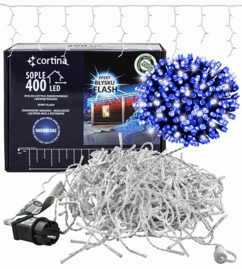 Kurtyna 14,20m 400 LED FLASH, gniazdo, zewnętrzne, niebieski+biały zimny 104/21/FLE/B+CW