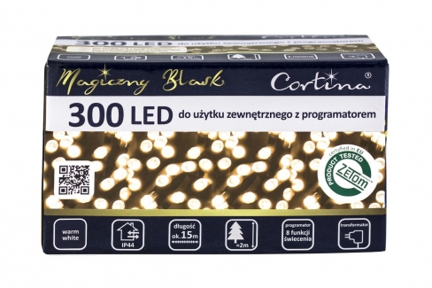 Sznur 15m 300 LED PROGRAMATOR 8 FUNKCJI zewnętrzne, biały ciepły 610/21/LED/WW