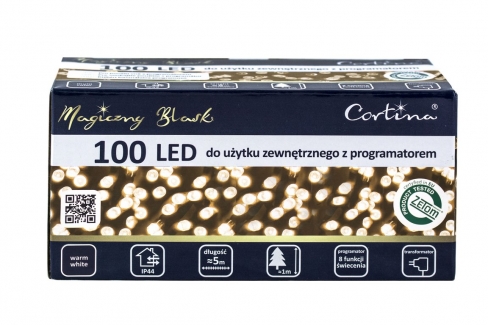 Sznur 5m 100 LED PROGRAMATOR 8 FUNKCJI zewnętrzne, biały ciepły 600/21/LED/WW