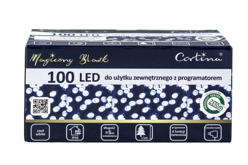 Sznur 5m 100 LED PROGRAMATOR 8 FUNKCJI zewnętrzne, biały zimny 600/21/LED/CW