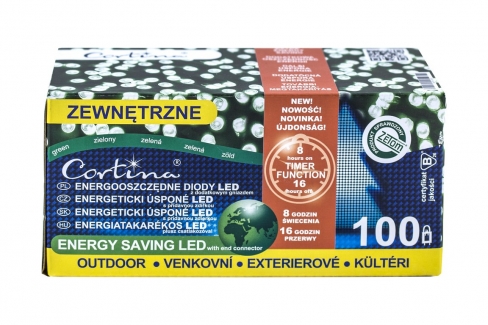 Sznur 10m 100 LED GNIAZDO+TIMER zewnętrzne, zielony 10/14/LED-M/G