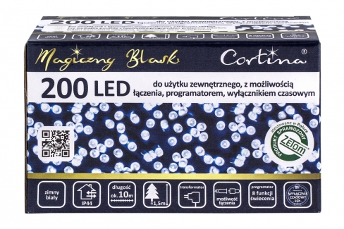 Sznur 10m 200 LED GNIAZDO+PROGRAMATOR+TIMER zewnętrzne, biały zimny 3/15/LED-TIM/CW