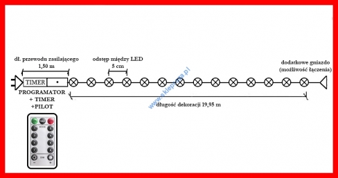 Sznur 20m 400 LED PROGRAMATOR + PILOT + TIMER + GNIAZDO zewnętrzne, biały ciepły 644/21/LED/WW