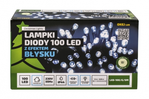 Diody LED 100 pkt. z efektem błysku z dodatkowym gniazdem, biały ciepły+błysk biały zimny, zewnętrzne LED100/G/5M/X
