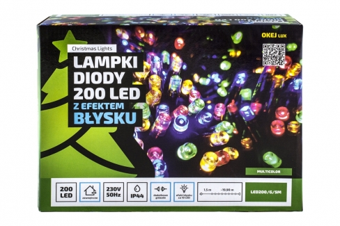 Diody LED 200 pkt. z efektem błysku z dodatkowym gniazdem, multi+błysk biały zimny, zewnętrzne LED200/G/5M/M