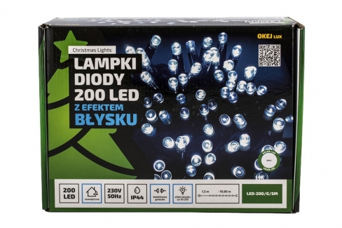 Diody LED 200 pkt. z efektem błysku z dodatkowym gniazdem, białe zimne+błysk biały zimny, zewnętrzne LED200/G/5M/P