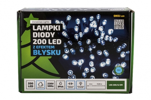 Diody LED 200 pkt. z efektem błysku z dodatkowym gniazdem, niebieski+błysk biały zimny, zewnętrzne LED200/G/5M/N