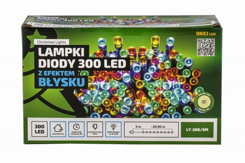 Diody LED 300 pkt. z efektem błysku z TIMEREM, biały ciepły + błysk biały zimny , zewnętrzne, LT-300/5M/X