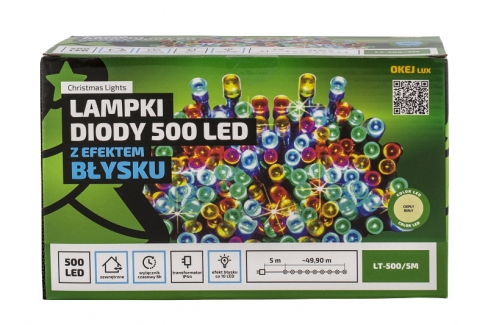 Diody LED 500 pkt. z efektem błysku z TIMEREM, biały ciepły+błysk biały zimny, zewnętrzne LT-500/5M/X