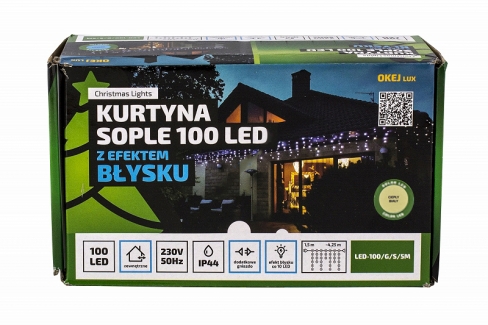 Kurtyna LED 100 pkt. z efektem błysku z dodatkowym gniazdem, biały ciepły+błysk biały zimny, zewnętrzna LED100/G/S/5M/X