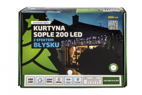 Kurtyna LED 200 pkt. z efektem błysku z dodatkowym gniazdem, biały ciepły+błysk biały zimny, zewnętrzna LED200/G/S/5M/X