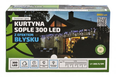 Kurtyna LED 300 pkt. z efektem błysku z TIMEREM, biały ciepły + błysk biały zimny, zewnętrzna LT-300/S/5M/X