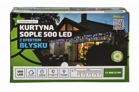 Kurtyna LED 500 pkt. z efektem błysku z TIMEREM, biały ciepły + błysk biały zimny, zewnętrzna LT-500/S/5M/X