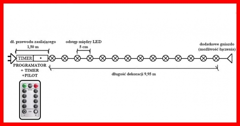 Sznur 10m 200 LED PROGRAMATOR + PILOT + TIMER + GNIAZDO zewnętrzne, biały ciepły 660/21/LED/WW