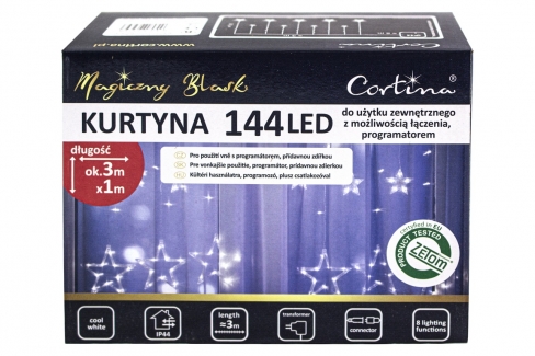 Kurtyna 310 cm Gwiazdki 144 LED PROGRAMATOR+GNIAZDO, zewnętrzne, biały zimny 1/20/CUR/CW