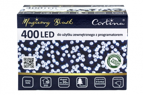 Sznur 20m 400 LED PROGRAMATOR 8 FUNKCJI + PAMIĘĆ, zewnętrzne, biały zimny 616/21/LED/CW