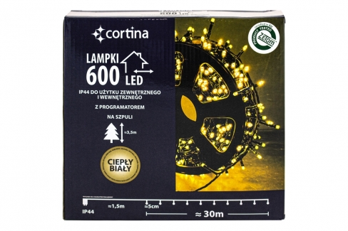 Sznur 30m 600 LED NA SZPULI PROGRAMATOR 8 FUNKCJI zewnętrzne, biały ciepły 626/21/LED/WW-SZPULA