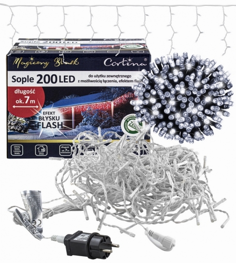 Kurtyna 7m 200 LED FLASH, gniazdo, zewnętrzne, biały zimny + biały zimny flash 102/21/FLE/CW+CW