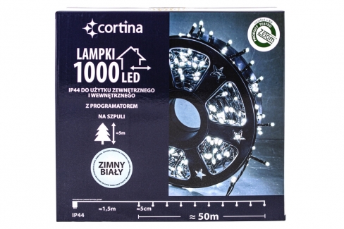 Sznur 50m 1000 LED na SZPULI PROGRAMATOR 8 FUNKCJI + PAMIĘĆ, zewnętrzne, biały zimny 638/21/LED/CW-SZPULA
