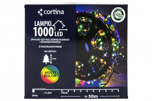 Sznur 50m 1000 LED na SZPULI PROGRAMATOR 8 FUNKCJI + PAMIĘĆ, zewnętrzne, multikolor 638/21/LED/M-SZPULA