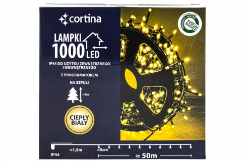 Sznur 50m 1000 LED na SZPULI PROGRAMATOR 8 FUNKCJI + PAMIĘĆ, zewnętrzne, biały ciepły 638/21/LED/WW-SZPULA