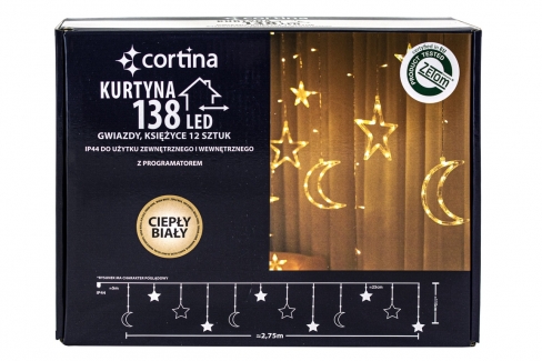 Kurtyna 275 cm 12 FIGUREK GWIAZDY I KSIĘŻYCE 138 LED PROGRAMATOR, zewnętrzne, biały ciepły 3/25/LED/WW