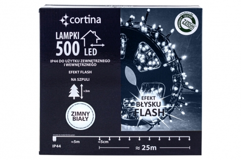 Sznur 25m 500 LED na SZPULI, FLASH zewnętrzne, biały zimny+biały zimny flash 3/20/FLE/CW+CW-SZPULA